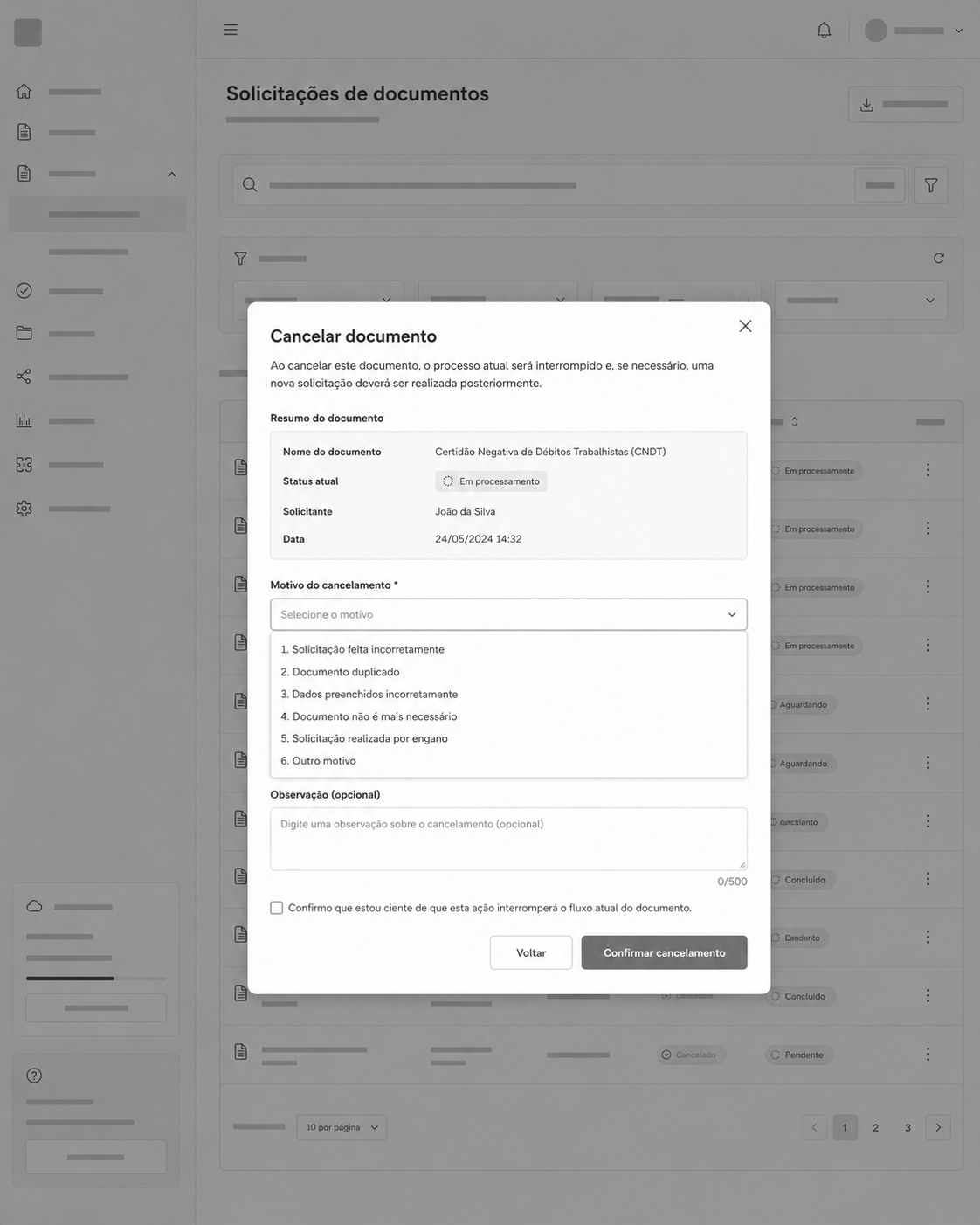Modal de cancelamento com motivo obrigatório